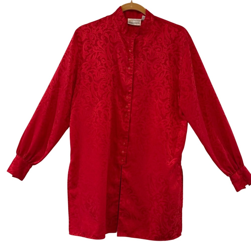 Vintage Red Damask Satin Blouse Jacquard Romantic French Glam Core Button Up M